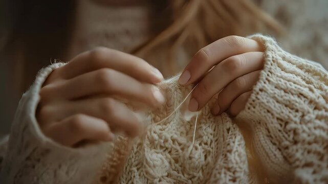 Close up of a woman's hands skillfully sewing a beautiful knit sweater. Her craft reflects tradition, fiber arts, mending, and the cozy allure of handmade clothing.