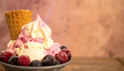 vanilla and pink ice cream in a pial with frozen berries and waffle cone