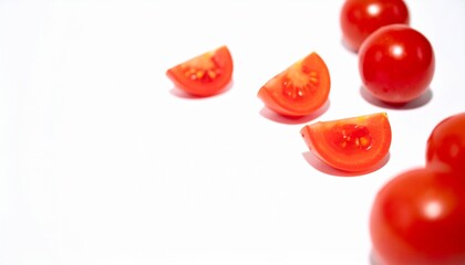Whole and sliced fresh tomatoes in the air on a white background