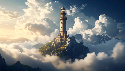 Obraz premium Stone Tower on Rocky Island Amidst Clouds under a Blue Sky with Mountainous Backdrop