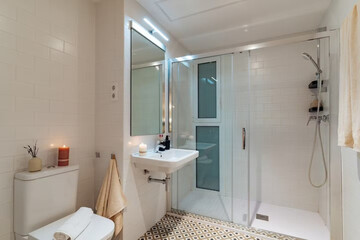 Modern bathroom interior in minimal scandinavian style, 3d render