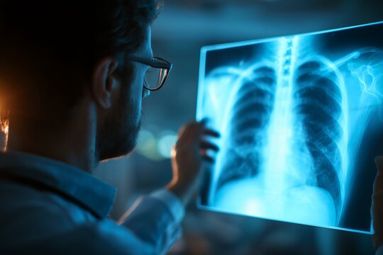 Radiologist examines chest X-ray, looking for abnormalities, concept for medical diagnosis, healthcare research and clinical analysis
