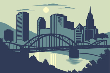 Obraz premium Pittsburgh skyline at twilight with the Allegheny River still and reflective, framed by bridges and evening sky gradients, modern flat illustration style.