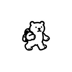 Simple black line drawing of a small bear carrying a backpack, walking