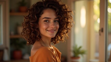 Smiling woman with curly hair indoors with warm natural light and plants