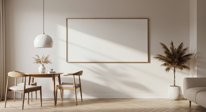 3D portrait rendering in the dining room Cozy dining area with wooden table and empty frame on wall   - Powered by Adobe