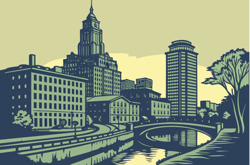 Fototapeta premium Providence skyline at twilight with the Providence River still and reflective, framed by historic mills and evening sky gradients, modern flat illustration style.