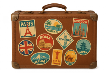 Vintage suitcase showing travel stickers from around the world with transparent background