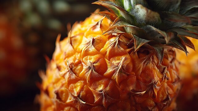 A close-up of a pineapple with its distinctive ridges and green top, set against a blurred background.