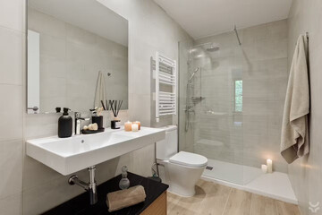 Modern bathroom interior in minimal scandinavian style, 3d render