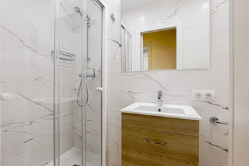 Modern bathroom interior in minimal scandinavian style, 3d render