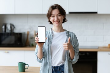 Smiling female assistant holding blank smartphone with thumb up in modern kitchen, concept for mobile app presentation, digital marketing campaign and food delivery services