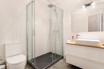 Modern bathroom interior in minimal scandinavian style, 3d render