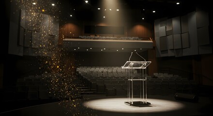 Empty Stage: A meticulously lit stage in a grand auditorium, bathed in a spotlight. Awaiting its next speaker with an empty podium. The dramatic atmosphere filled with expectation and anticipation.