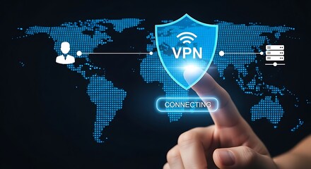 Person s finger taps vpn security shield on digital world map network