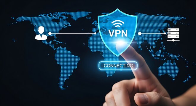 Person s finger taps vpn security shield on digital world map network