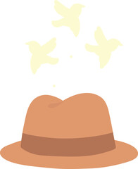 Whimsical pastel vector of a hat with miniature glowing birds flying out.