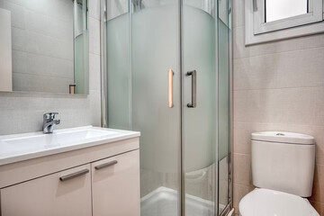 Modern bathroom interior in minimal scandinavian style, 3d render