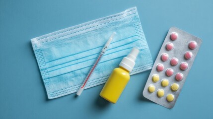 A collection of health care items is displayed including a blue surgical mask, a thermometer, a yellow spray bottle, and a blister pack of colorful pills