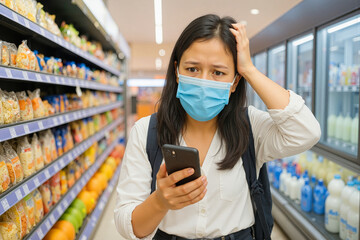A Southeast Asian woman wearing a face mask looks stressed while calculating costs on her phone in a supermarket aisle