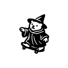 A bear wearing a witch's hat rides a skateboard