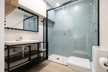 Modern bathroom interior in minimal scandinavian style, 3d render