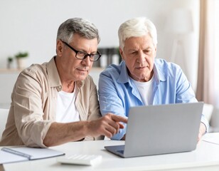 senior couple doing online banking with laptop at home office