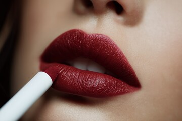 Close-up of a woman applying deep red lipstick with a white pencil, concept for beauty advertising, cosmetic product demonstration and makeup tutorials