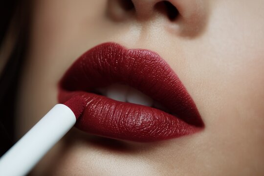 Close-up of a woman applying deep red lipstick with a white pencil, concept for beauty advertising, cosmetic product demonstration and makeup tutorials