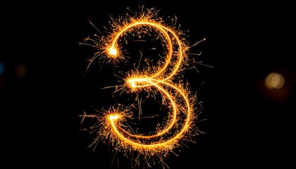 Sparkling Number Three on Black Background Abstract Glowing Shape