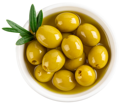 Bowl of Green Olives in Golden Olive Oil with Fresh Leaves, Top View, Isolated on Transparent Background
