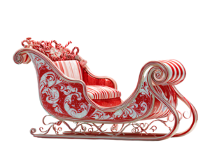 Candy Cane Striped Christmas Sleigh with Peppermint Runners, Side View, Isolated on Transparent Background.png
