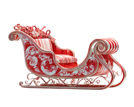Candy Cane Striped Christmas Sleigh with Peppermint Runners, Side View, Isolated on Transparent Background.png