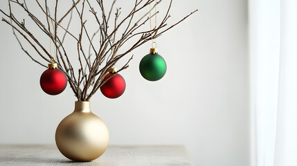 Decorative branches with red, green, and gold ornaments against a softly lit background
