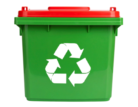 Close-Up of Recycle Symbol on Green Bin with Red Lid, Isolated PNG