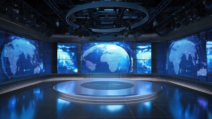 High-tech news studio featuring multiple screens with dynamic global maps in blue tones, highlighting a contemporary design suited for broadcasting