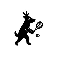Black silhouette of a deer holding a tennis racket and ball