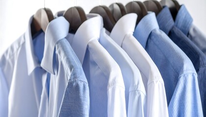 Fototapeta premium Collared Shirts Hanging on Wooden Hangers in Row Light Blue