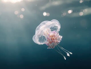 Transparent jellyfish floating in deep blue open ocean water with sunlight filte through