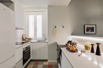 Modern luxury kitchen interior in minimal scandinavian style, 3d render