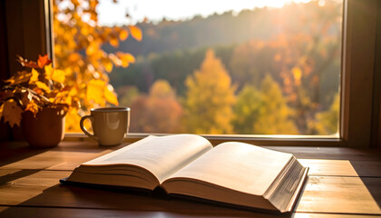 Open Book And Coffee Cup On A Wooden Table By A Window With Fall Foliage And Sunlight