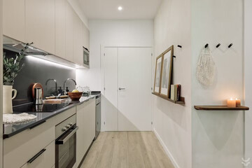 Modern luxury kitchen interior in minimal scandinavian style, 3d render