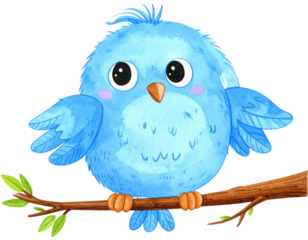 Adorable Blue Bird with Oversized Eyes Perched on Branch, Cartoon Style, Isolated on Transparent Background