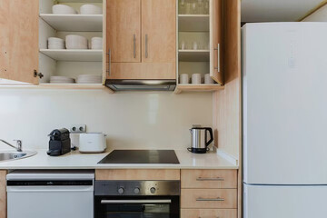Fototapeta premium Modern luxury kitchen interior in minimal scandinavian style, 3d render