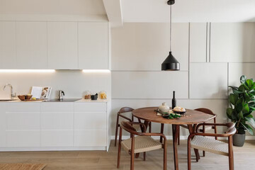 Modern luxury kitchen interior in minimal scandinavian style, 3d render