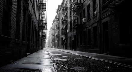 Naklejka premium black and white rainy alley with reflective wet pavement