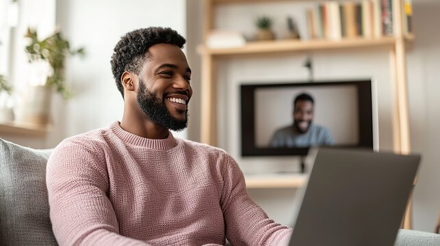 Businessman on a video call, smiling, modern communication, remote work