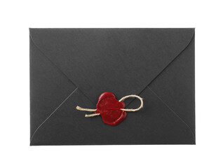 Black envelope with wax seal isolated on white, top view