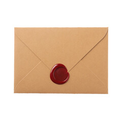 Beautiful envelope with wax seal isolated on white, top view
