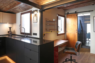 Modern luxury kitchen interior in minimal scandinavian style, 3d render